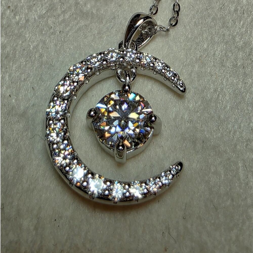 18-20" 1.54ctw Moissanite Crescent Moon and Star Pendant 925 Sterling Silver